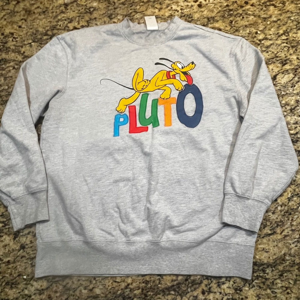 Disney Pluto Sweatshirt Womens Large Gray Spellout Graphic Crewneck Pullover